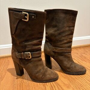 Ralph Lauren Collection Purple Label Dark Brown Suede Buckle Boots Sz 36B